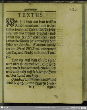 Leichenpredigt : Textus. Exordium. Vortum.Tract.