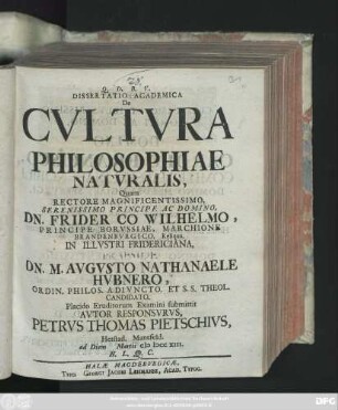Dissertatio Academica De Cvltvra Philosophiae Natvralis