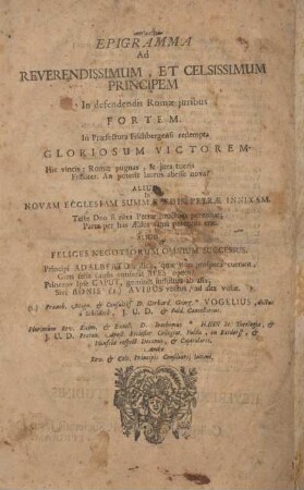 Epigramma ad reverendissimum, et celsissimum principem.