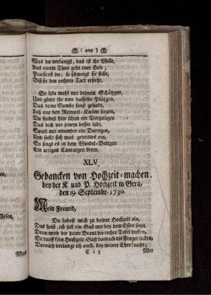 XLV. Gedancken von Hochzeit machen, bey der R. und P. Hochzeit in Gera, den 19. September 1730