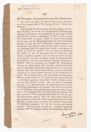 30. November. Gesamtsitzung der Akademie, Hr. Dove las über die Darstellung der Wärmeerscheinungen durch fünftägige Mittel.