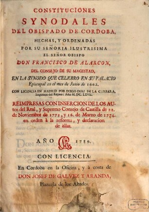 Constituciones synodales del Obispado de Cordoba