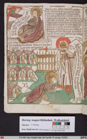 Oben: Johannes auf der Insel Patmos. Unten: Der Auftrag an Johannes (Offenb. 1,9).