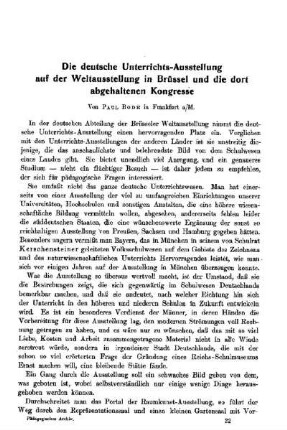 Die deutsche Unterrichts-Ausstellung auf der Weltausstellung in Brüssel und die dort abgehaltenen Kongresse