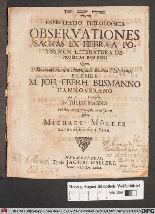 Exercitatio Philologica Observationes Sacras Ex Hebraea Potissimum Literatura Depromtas Exhibens