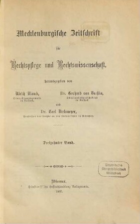 Mecklenburgische Zeitschrift für Rechtspflege, Rechtswissenschaft, Verwaltung. 13. 1895