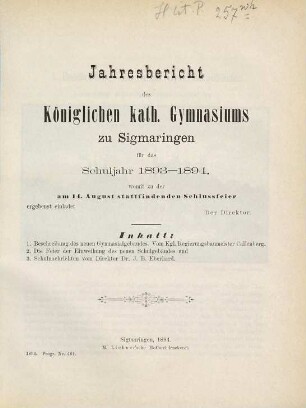Jahresbericht : über das Schuljahr ... 1893/94