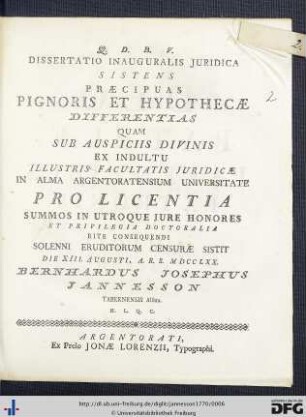 Dissertatio Inauguralis Juridica Sistens Praecipuas Pignoris Et Hypothecae Differentias