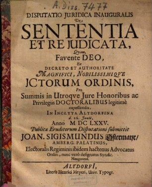 Disputatio Juridica Inauguralis De Sententia Et Re Judicata
