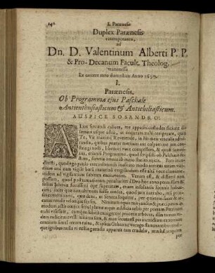 Duples Parænesis extempotanea, ad Dn. D. Valentinum Alberti P. P. & Pro-Decanum Facult. Theolog. [...]