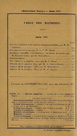 Table des matières. Juin 1881.