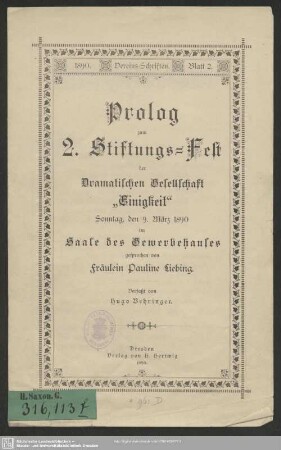 Prolog zum 2. Stiftungsfest der Dramatischen Gesellschaft & Einigkeit, Sonntag den 9. März 1890 ...