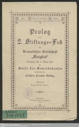 Prolog zum 2. Stiftungsfest der Dramatischen Gesellschaft & Einigkeit, Sonntag den 9. März 1890 ...