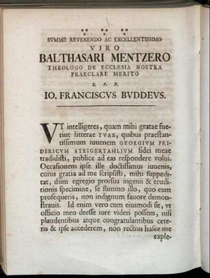 Summe Reverendo Ac Excellentissimo Viro Balthasari Mentzero Theologo De Ecclesia Nostra Praeclare Merito S. P. D. JO. Franciscus Buddeus.