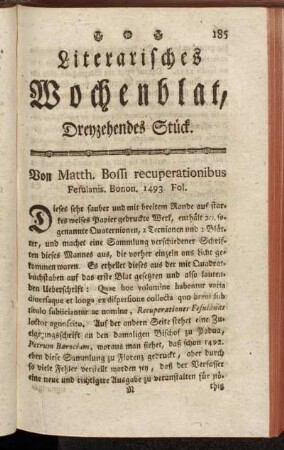 Literarisches Wochenblat, Dreyzehendes Stück.