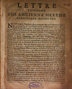 Lettre touchant une ancienne hérésie renouvellée depuis peu