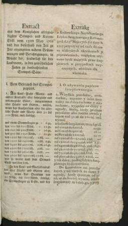 Extract aus dem Königlichen allergnädigsten Stempel- und Karten-Edikt vom 13ten May 1766 und den ... nähern Bestimmungen und Berichtigungen, in Absicht der, sonderlich für den Landmann ... zu beobachtenden Stempel-Sätze : [Signatum w Berlinie, dnia 2go Stycznia 1796go Roku]