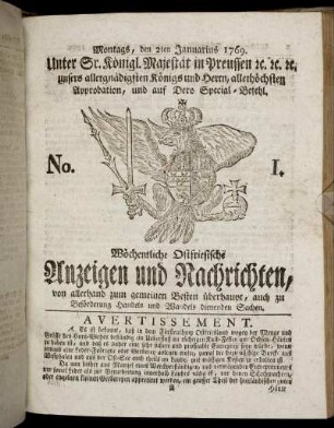 No. 1. Montags, den 2ten Jannuarius 1769.