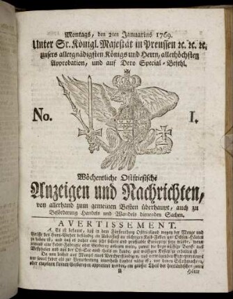 No. 1. Montags, den 2ten Jannuarius 1769.