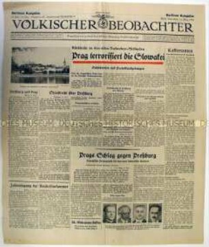 Titelblatt der Tageszeitung "Völkischer Beobachter" mit scharfer Polemik gegen die Tschechoslowakei zur propagandistischen Vorbereitung der Annexion