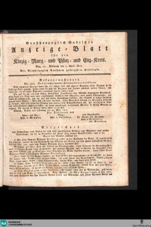 Grossherzoglich Badisches Anzeige-Blatt für den Kinzig-, Murg- und Pfinz-Kreis, Großherzoglich Badisches Anzeige-Blatt für den Kinzig-, Murg-, Pfinz- und Enz-Kreis