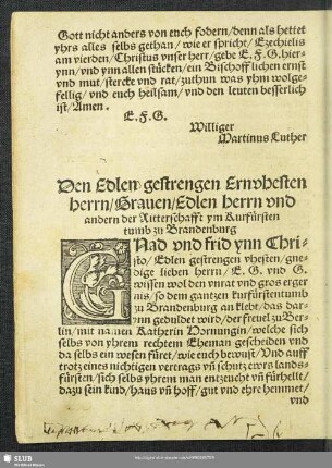 Den Edlen gestrengen Ernvhesten herrn, Brauen, Edlen, Herrn und andern der Ritterschafft ym Kurfürstentumb zu Brandenburg