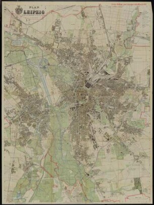 Stadtplan von Leipzig , 1:10 000, Lithographie, 1926 : Plan von Leipzig / bearb. vom Vermessungsamt d. Rates d. Stadt. - 18. Aufl., Nachdr. [mit Abschnitts- u. alten u. neuen Bezirksgrenzen] - 1:10 000. - Leipzig ; Berlin : Giesecke & Devrient , [1926]. - 1 Kt. ; 123 x 119 cm + Beil. +++ Mehrfarbendr. [Beil.:] Alphabetisches ]Verz. der Straßen, Sehenswürdigkeiten usw. Beil. zum Leipziger Adreßbuch. 1927