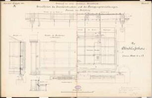 Drehbare Kanalbrücke Schinkelwettbewerb 1894: Details der Eisenkonstruktion: Traverse zur Torhebung, Brückenstirn. Ansichten, Schnitte 1:15