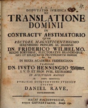 Disputatio iuridica de translatione dominii in contractu aestimatorio