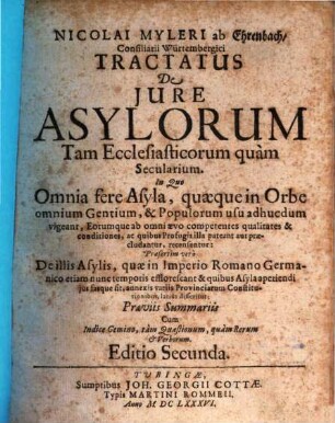 Tractatus de iure Asylorum, quam ecclesiasticorum quam saecularium