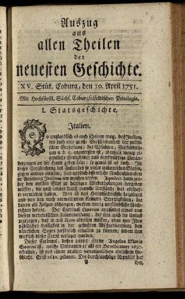 XV. Stük. Coburg, den 10. April 1751.