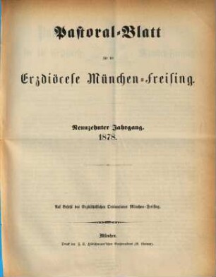 Pastoral-Blatt für die Erzdiöcese München-Freising. 19. 1878