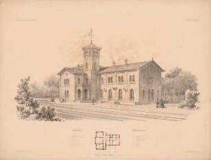 Bahnhof, Schöningen: Grundriss, Perspektivische Ansicht (aus: Architektonisches Skizzenbuch, H. 38, 1863) (?)