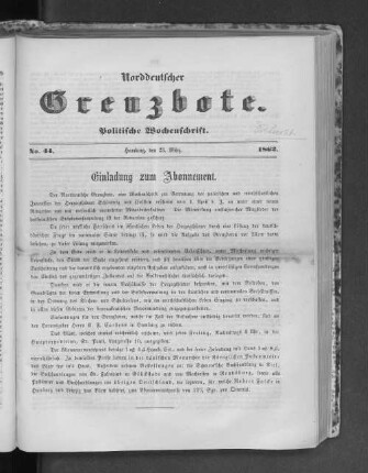 Norddeutscher Grenzbote. Politische Wochenschrift. No. 44 1862.