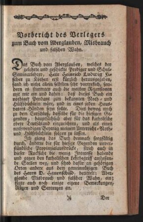 Vorbericht des Verlegers zum Buch vom Aberglauben, Misbrauch und falschen Wahn