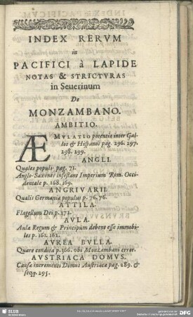 Index Rerum in Pacifici à Lapide Notas & Structuras In Severinum De Monzambano
