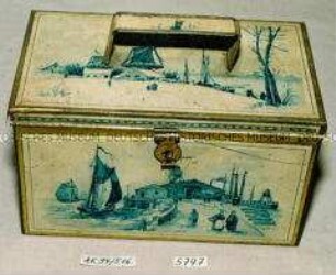 Blechdose mit schwenkbarem Henkel und Verschluss für ? (Abbildung holländischer Wintermotive mit Windmühle)