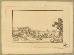 Stadtansicht von Dresden, Altstadt und Neustadt, Blick von der Stadtbefestigung Richtung Osten auf das Japanische Palais und die Altstadt im Hintergrund, Radierung um 1815 : [Ansicht des Japanischen Palais von der Gartenseite / bey C. F. Sprinck] - [Dresden], [ca. 1815]. - 1 Kunstblatt : Radierung ; 12,5 x 8,0 cm. - Vgl. B1734. - Dresden : Beger, [um 1815]