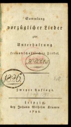 Sammlung vorzüglicher Lieder zur Unterhaltung freundschaftlicher Zirkel
