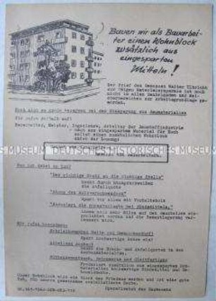 Hektografiertes Propagandaflugblatt aus dem EKO zum Wohnungsbau