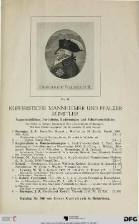 Kupferstiche Mannheimer und Pfälzer Künstler (Nr. 1-250)