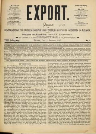 Export : Organ d. Centralvereins für Handelsgeographie und Förderung Deutscher Interessen im Auslande. 8. 1886
