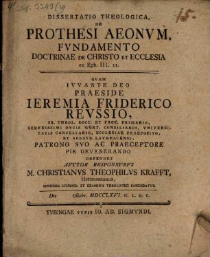 Diss. ... de prothesi aeonum, fundamento doctrinae de Christo et ecclesia