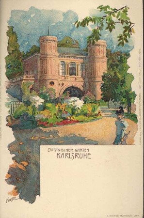 Postkartenalbum. "Botanischer Garten - Karlsruhe". Botanischer Garten mit Gebäude