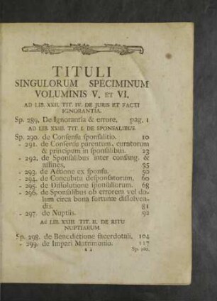 Tituli Singulorum Speciminum Voluminis V. et VI.