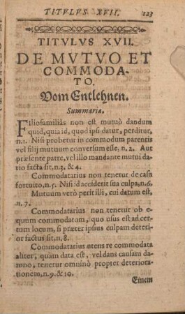 Titvlvs XVII. De Mvtvo Et Commodato. Vom Entlehnen.