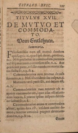 Titvlvs XVII. De Mvtvo Et Commodato. Vom Entlehnen.