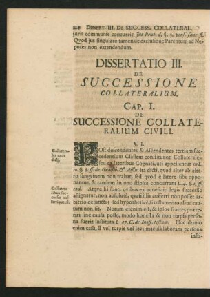 Dissertatio III. De Successione Collateralium.
