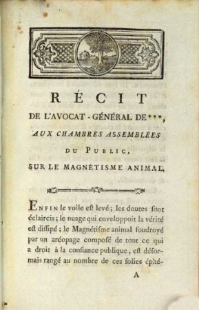 Récit De L'Avocat-Général De ***, Aux Chambres Assemblées Du Public, Sur Le Magnétisme Animal