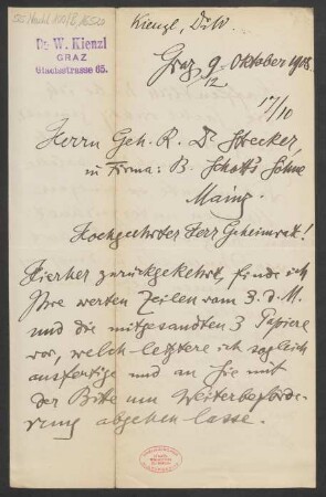 Brief an Ludwig Strecker  und B. Schott's Söhne : 09.10.1908